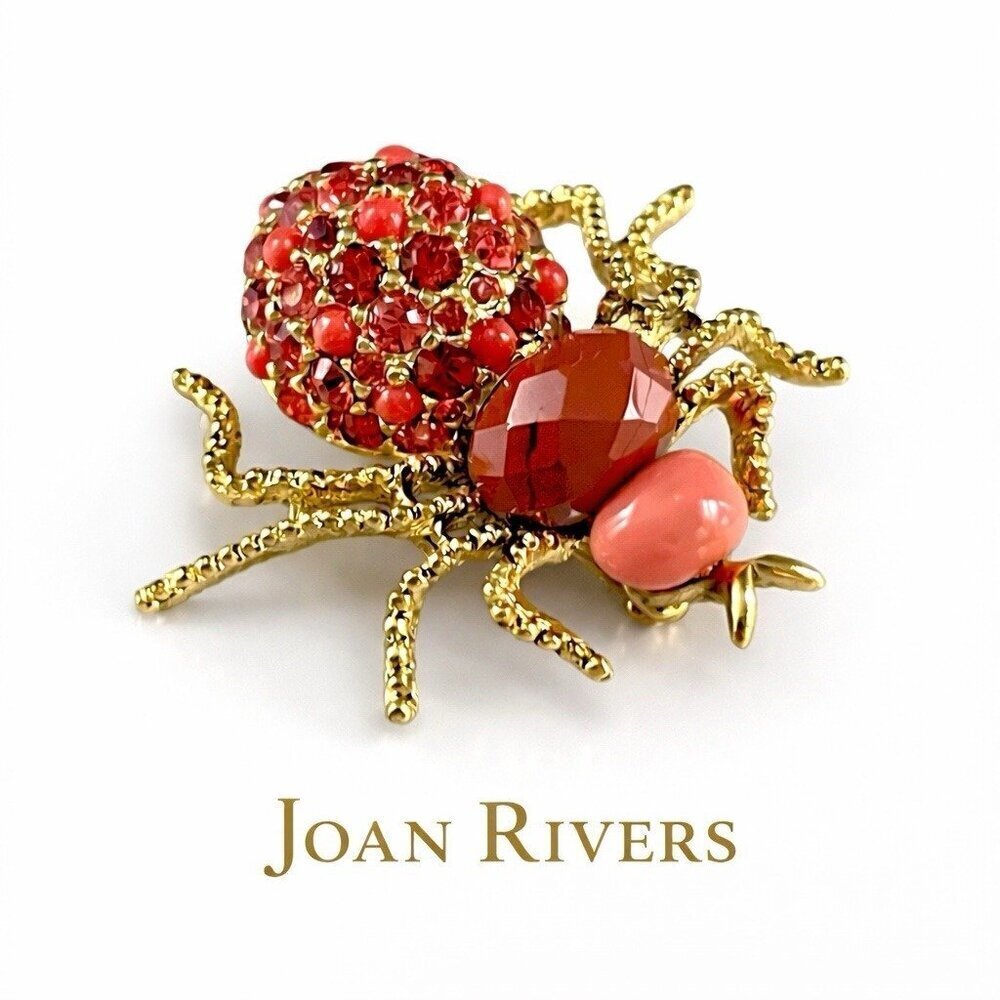 Vintage Joan Rivers Spider Brooch Faux Coral Glass Carnelian Rhinestone Insect